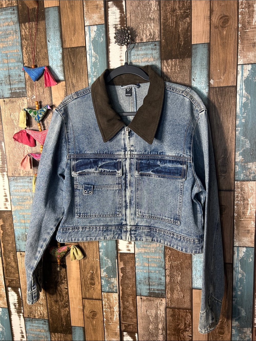 Windsor Cropped Light Blue Denim Jacket with Brown Corduroy Collar